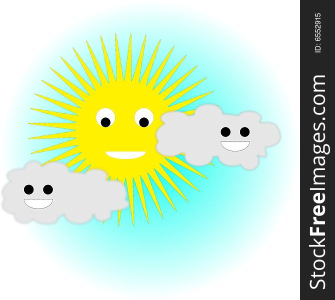 Sun and clouds smiling in a blue sky useful also for scrapbook