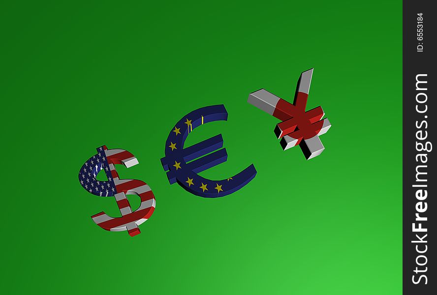 Three money signs of countries on a green background