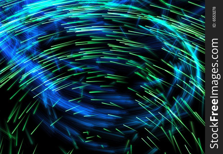 Blue and green particles spiral emission in black background