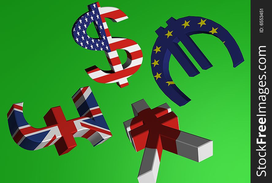 Money signs of countries on a green background