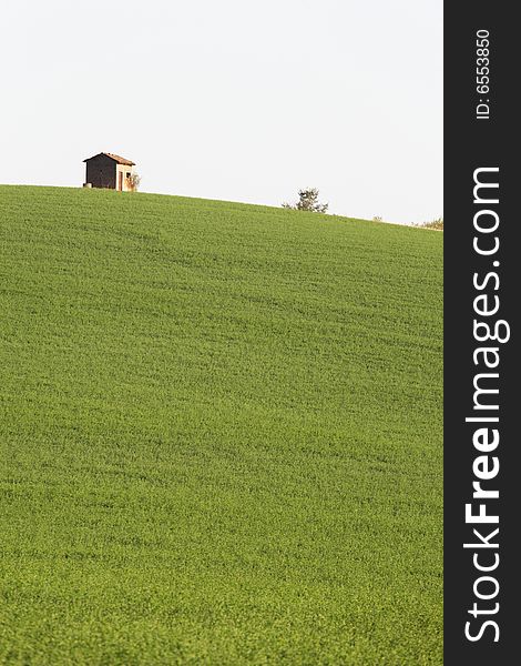 Rural construction at the top of a green hill, Piedmont, Italy