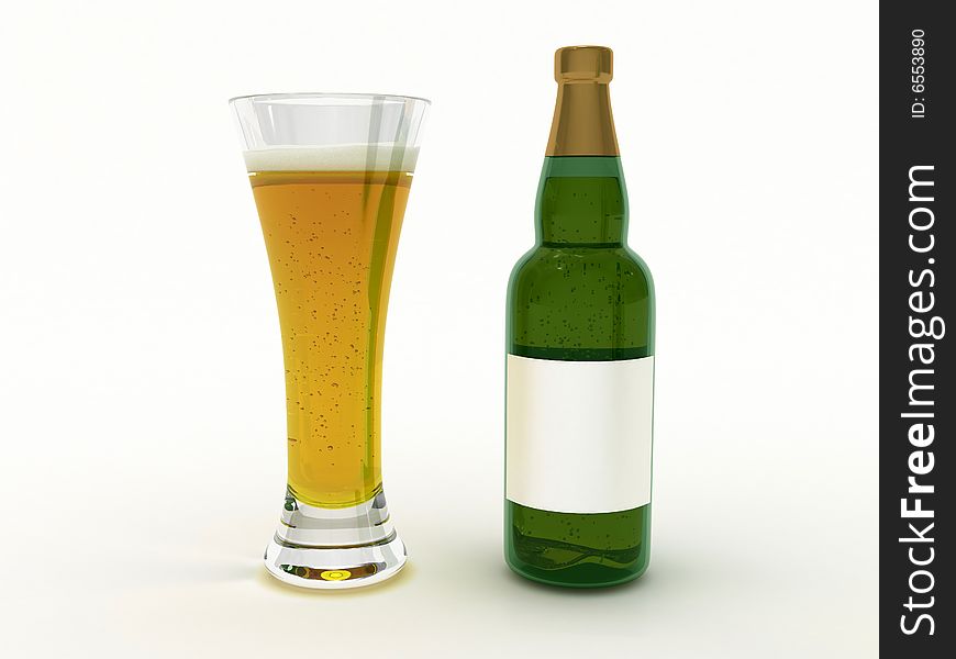Beer in glass with bubbles and beer bottle