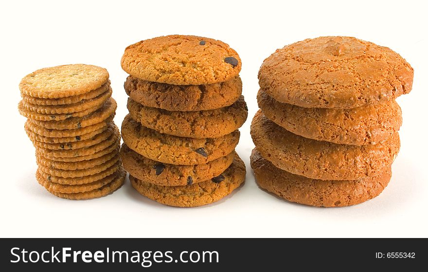 Three stack of cookies isolated on white background