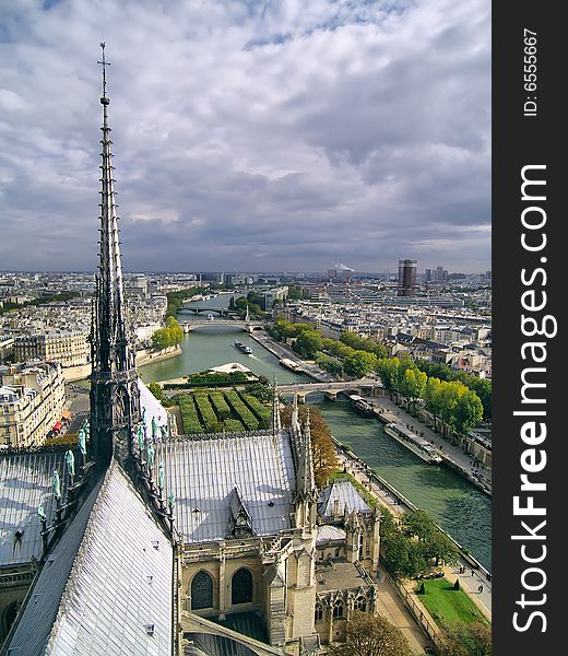 View on steeple of Notre Dame cathedral in Paris, France.