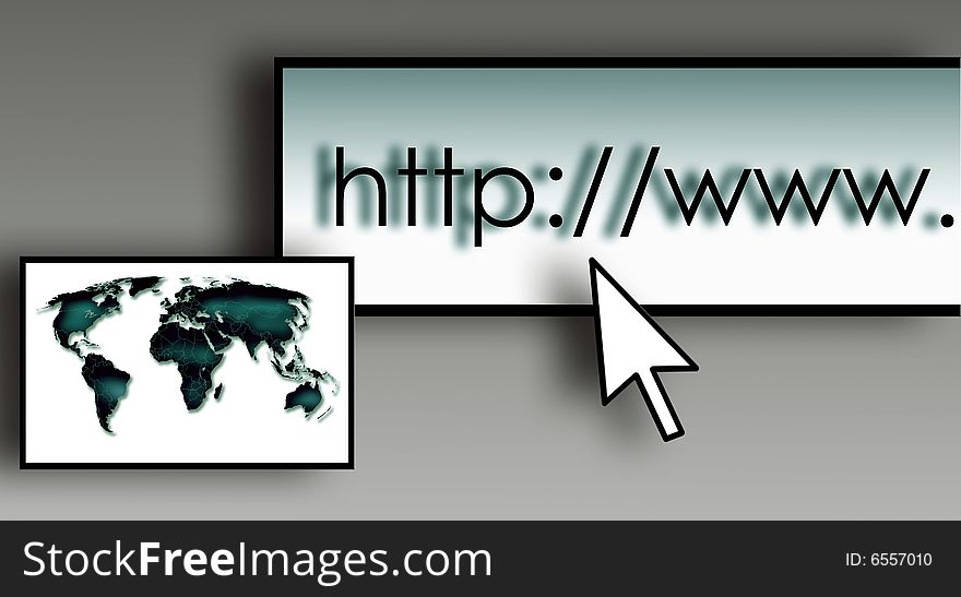 Browser bar with world map and mouse pointer.