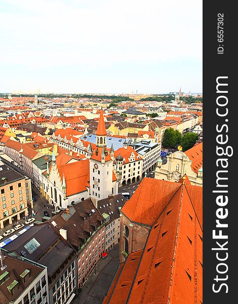 The aerial view of Munich city center from the tower of the Peterskirche