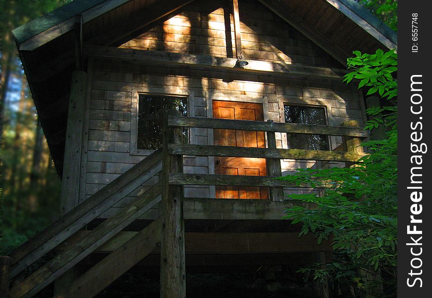 A small cabin in a private camp in Monroe, Washington. The cabin is surrounded by vegetation.