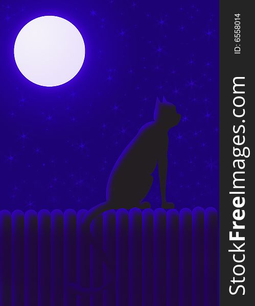 Illustration of a cat sitting on a fence being lit by the moon. Illustration of a cat sitting on a fence being lit by the moon