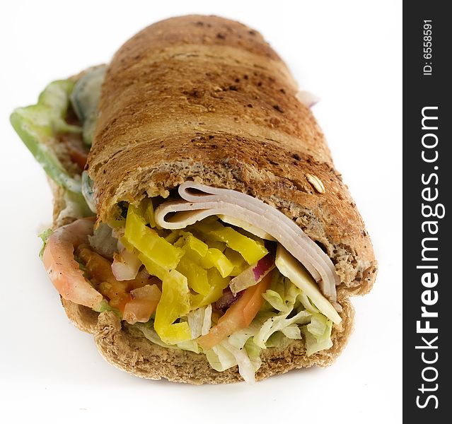 Healthy Turkey sandwich set against white background