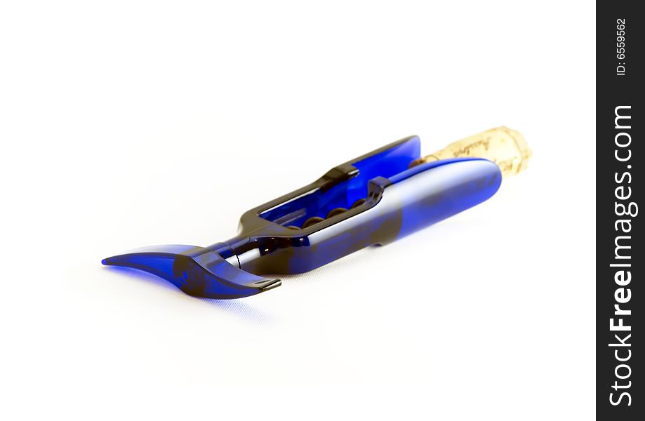 A blue corkscrew with a cork on white background