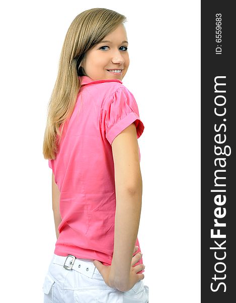 Pretty Smiling Girl In Pink Shirt