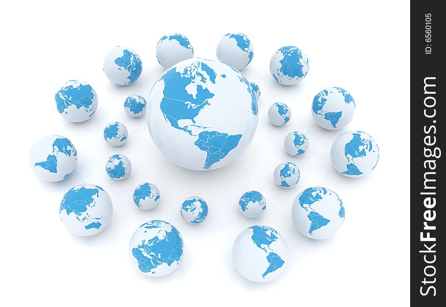 Shiny earth globes placed randomly on white background. Shiny earth globes placed randomly on white background.