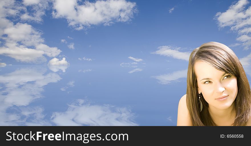 Pretty Woman On The Sky Background. Pretty Woman On The Sky Background