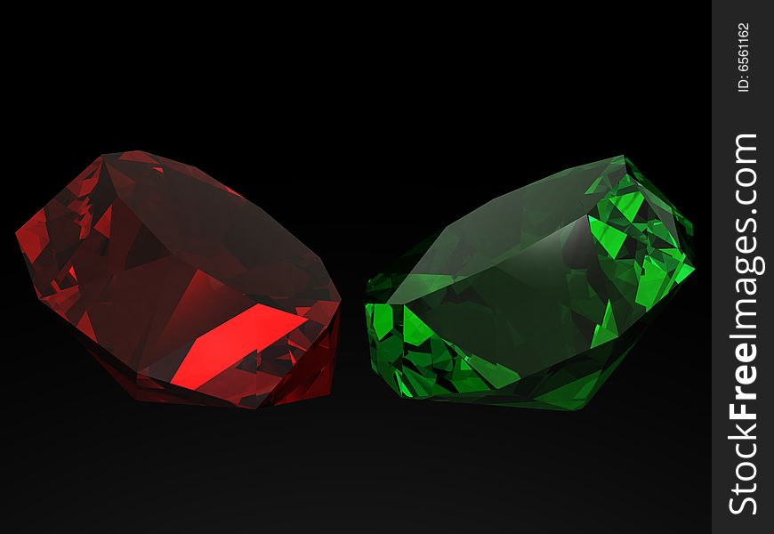 Jewels; Red and green diamonds. 3d render.