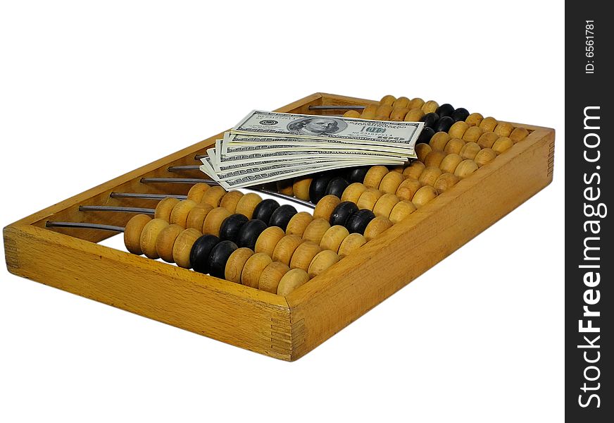 Old abacus  and new dollars. Old abacus  and new dollars