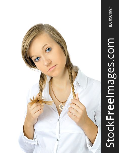 Portrait of pretty young girl with two pony-tails, isolated on white