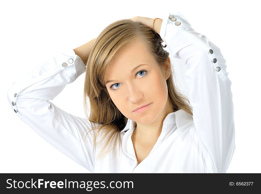 Portrait of pretty young girl i white shirt