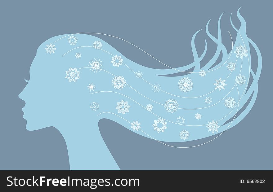 Vector silhouette of female head with snowflakes in her hairs. Vector silhouette of female head with snowflakes in her hairs
