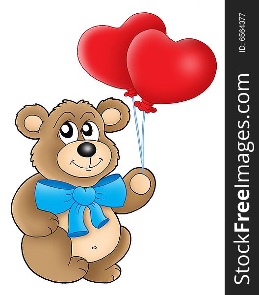 Teddy bear with heart balloons - color illustration.
