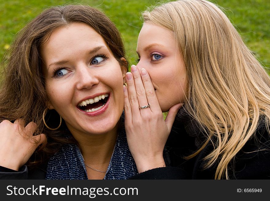 Two happy young girlfriends talking in the park.