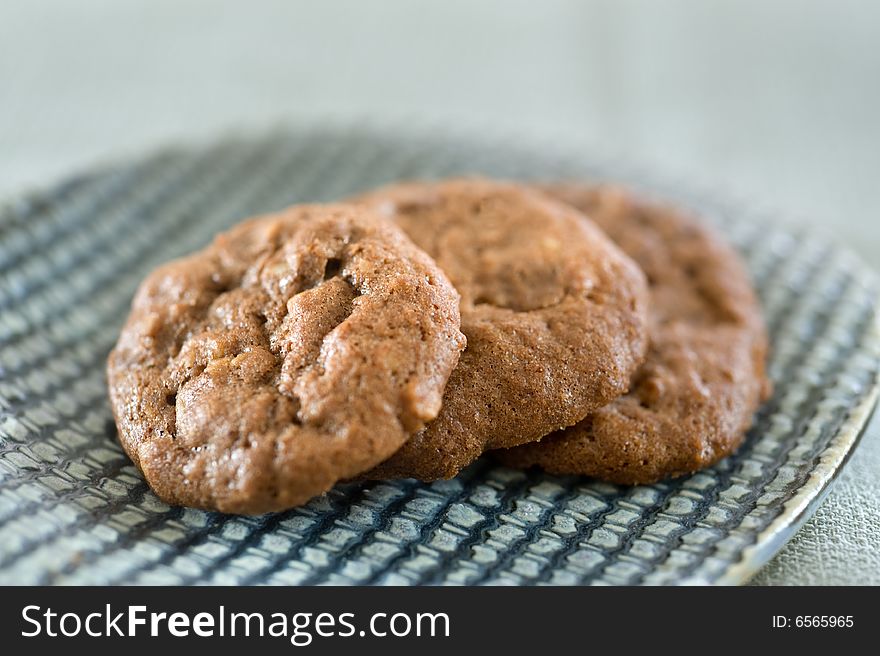 Closeup on three health chocolate cookies. Closeup on three health chocolate cookies