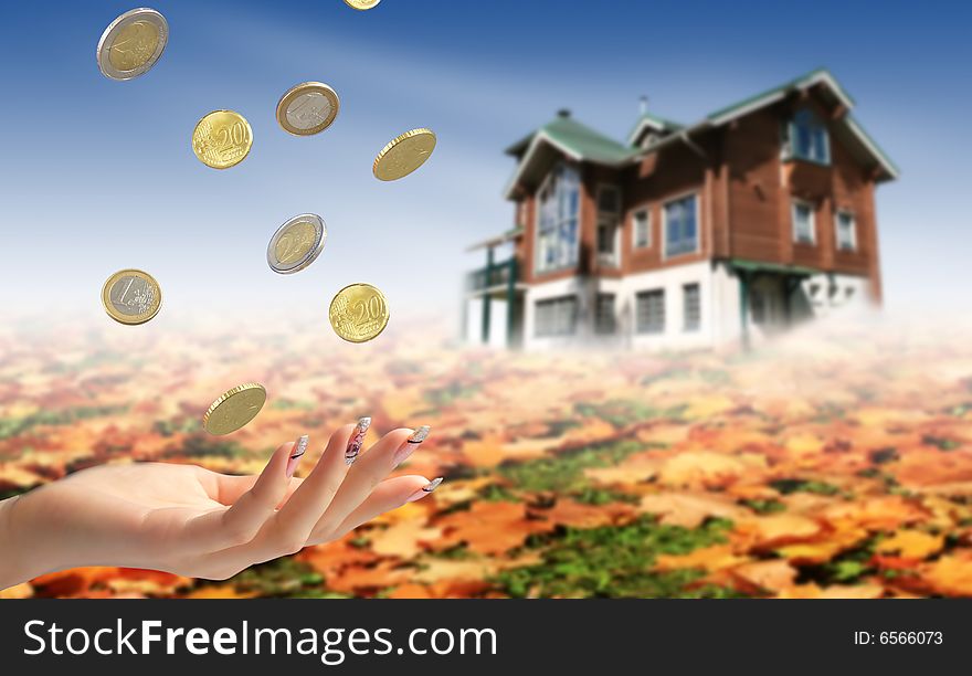 Woman's hands with coins. House on the background. Buying house concept. Woman's hands with coins. House on the background. Buying house concept.