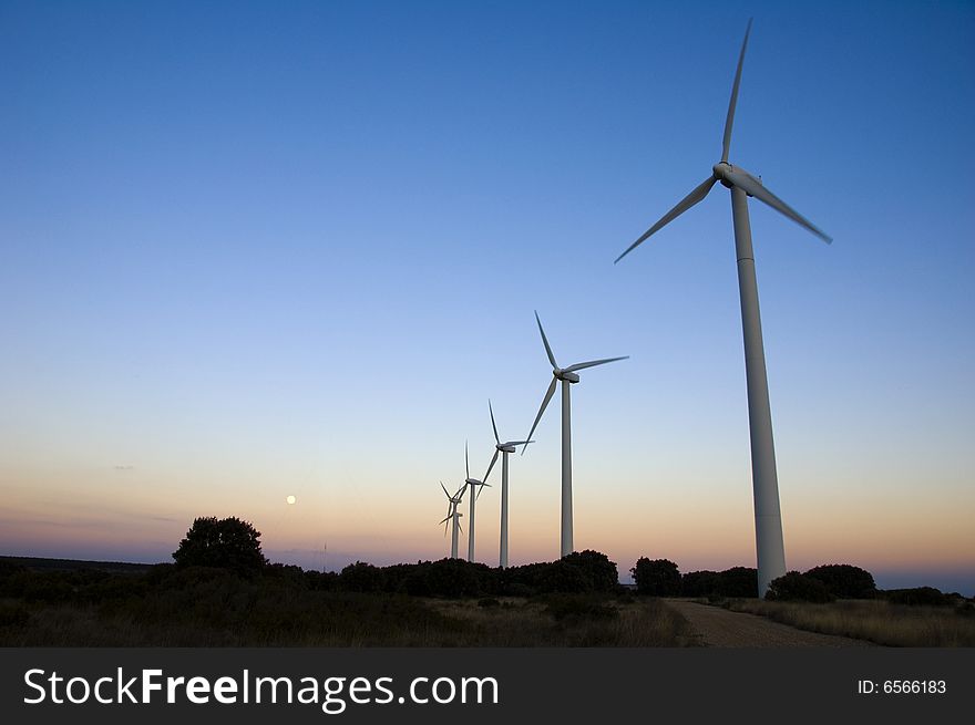 Some windmills in a blue sunrise