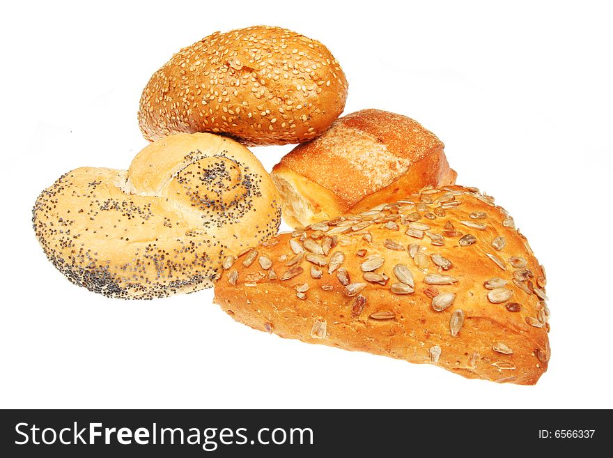 Group of assorted bread rolls isolated on white