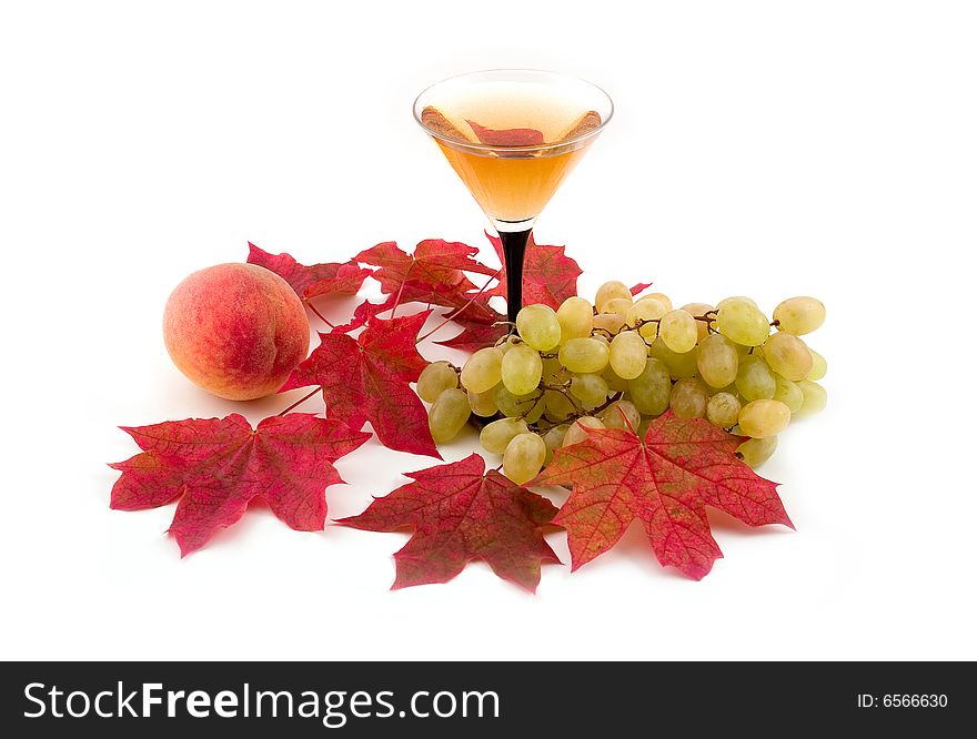 Sweet tasty grapes juicy peach and easy wine on white background