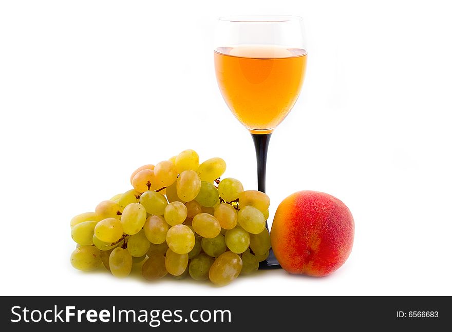 Wine  tasty drink juice peach grapes and autumn on white background. Wine  tasty drink juice peach grapes and autumn on white background