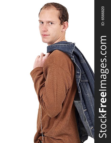 Young caucasian man wearing trendy clothes isolated on white background