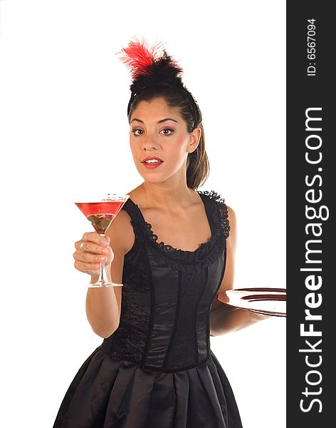 Cocktail waitress in lounge ready to serve a drink