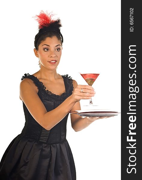 Cocktail waitress in lounge ready to serve a drink