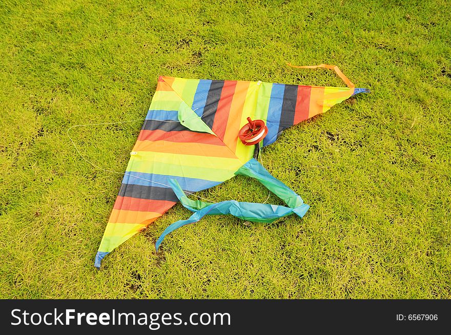 The colorful cloth kite on   meadow.