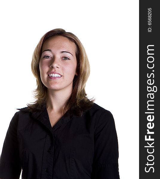 A blonde in a black shirt smiling for the camera. A blonde in a black shirt smiling for the camera