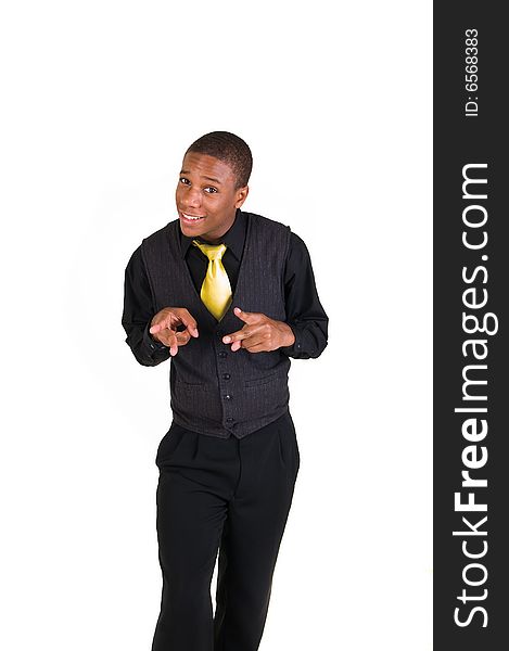 Young black man strikes a pose isolated on white background. Young black man strikes a pose isolated on white background