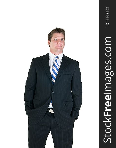 Confident businessman stares into the distance isolated on white background. Confident businessman stares into the distance isolated on white background