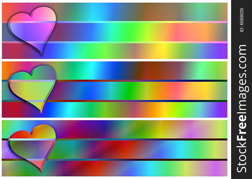 Three heart valentine psychedelic pastel colors banners or headers. Three heart valentine psychedelic pastel colors banners or headers