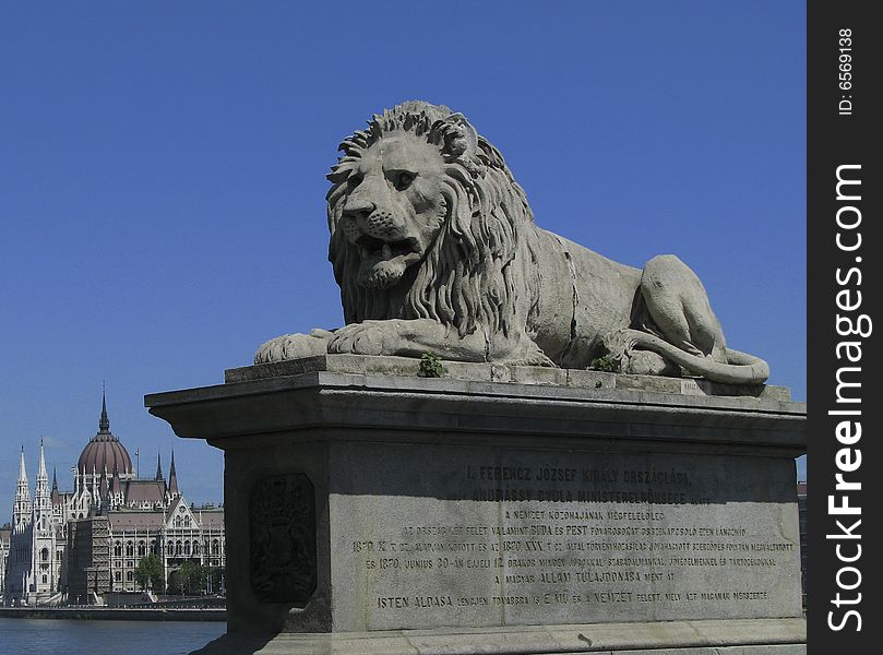 This decorative statue adorns the entrance to a prominent bridge in Budapest, Hungary. This decorative statue adorns the entrance to a prominent bridge in Budapest, Hungary.