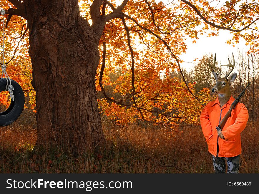 Deer dressed as a hunter in the autumn woods. Deer dressed as a hunter in the autumn woods.