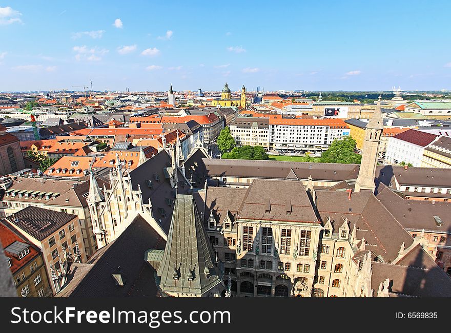 The aerial view of Munich city center from the tower of the City Hall