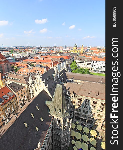 The aerial view of Munich city center from the tower of the City Hall