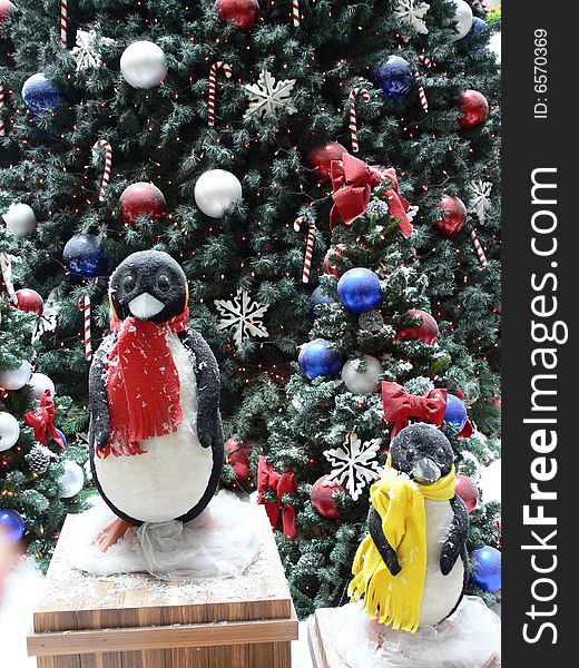 Snow Christmas scene with trees and pinguins. Snow Christmas scene with trees and pinguins