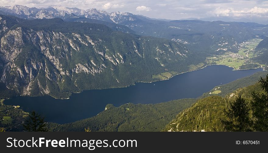 Bohinjsko Jezero lake panorama taken from Vogel mountain. Bohinjsko Jezero lake panorama taken from Vogel mountain.