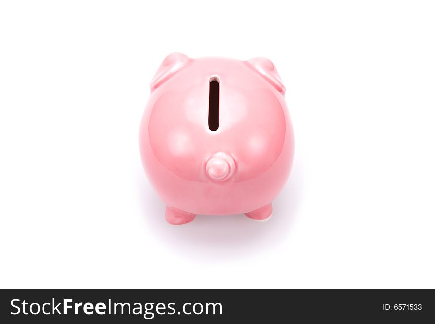 Closeup of a pink piggy bank. Isolated on white.