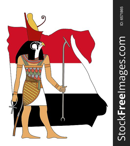 Horos the Egyptian God of Sky and flag,  illustration on the white background. Horos the Egyptian God of Sky and flag,  illustration on the white background