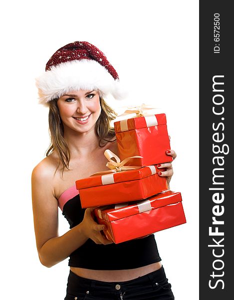 Winter portrait of a beautiful young smiling woman with a christmas cap. Winter portrait of a beautiful young smiling woman with a christmas cap