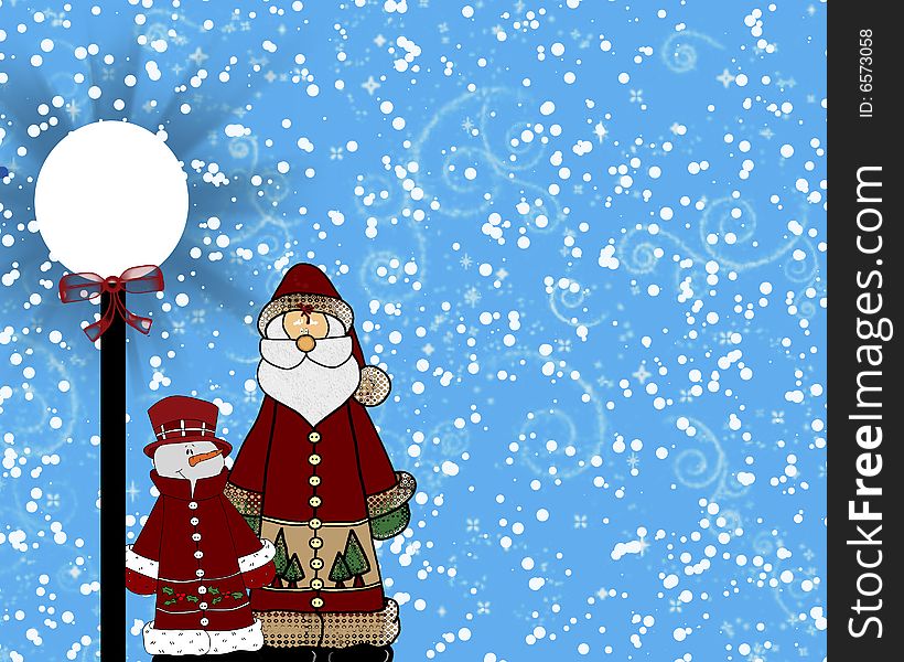 Frosty and Santa standing at a bus stop during a snow storm. Frosty and Santa standing at a bus stop during a snow storm