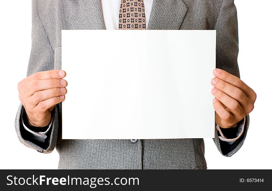 Businessmanwith a blank sign on white background