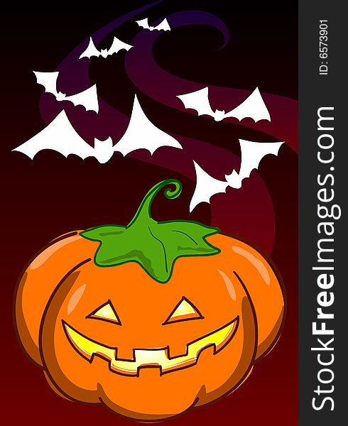 A halloween pumpkin and some bats in the dark night. Vector illustration. A halloween pumpkin and some bats in the dark night. Vector illustration.